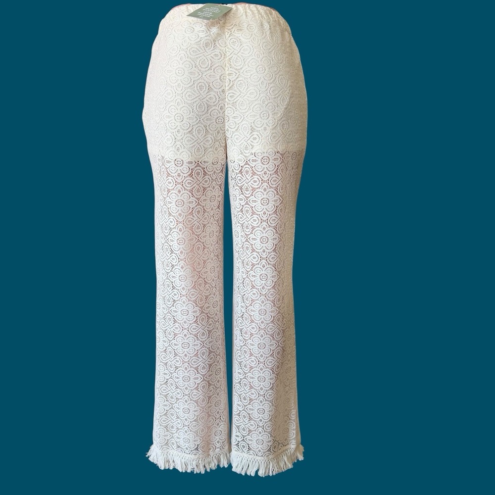 Crochet Lace Wide-Leg Pants‎ MED Fringe Hem Boho Festival Woodstock Palazzo NWT - Picture 5 of 12